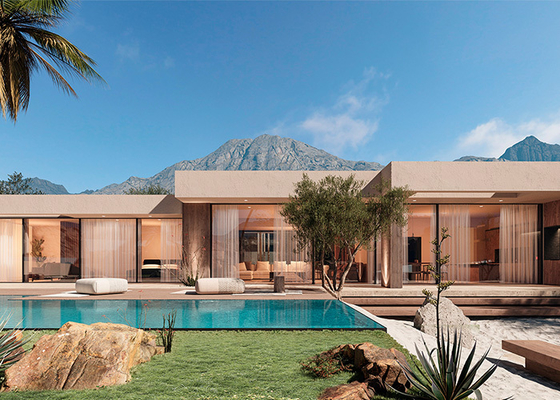 Villa prefabricada de bungalow de madera. Casa unifamiliar de lujo de Quacent. Casa prefabricada moderna.